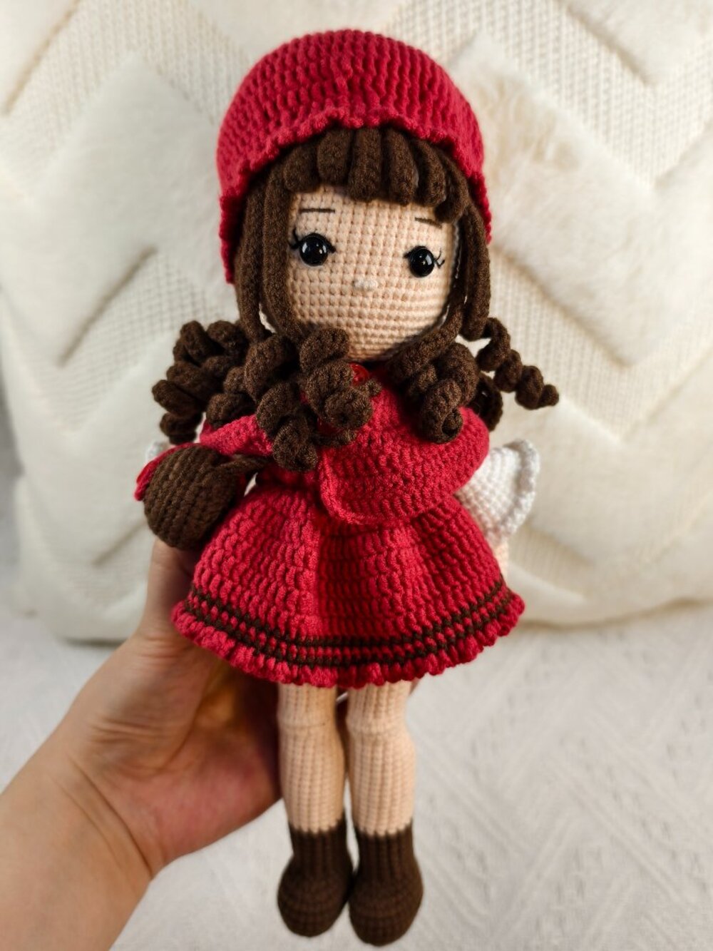 Handmade Amigurumi Crochet A Girl Wearing A Red Shawl And A Beret Plushie
